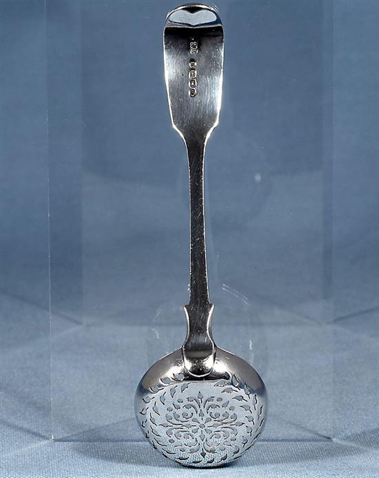 An early Victorian silver fiddle pattern sifter spoon, by John Harris IV & 2 others, 111 grams.